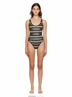 Balmain Black and Gold Logo Stripe One-Piece Swim Bodysuit